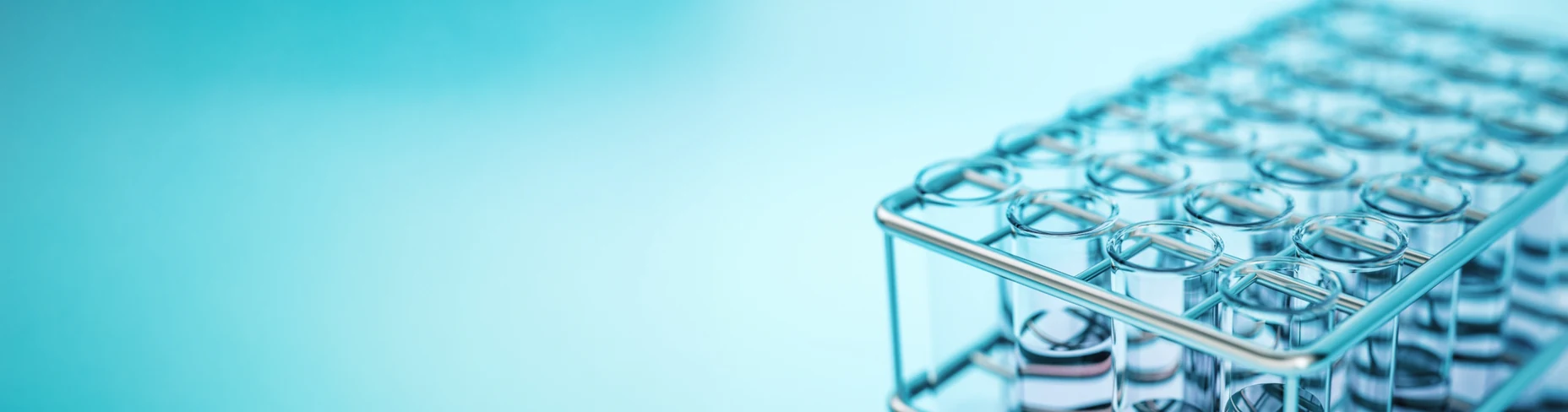 Test tubes in a metal rack against a light blue background