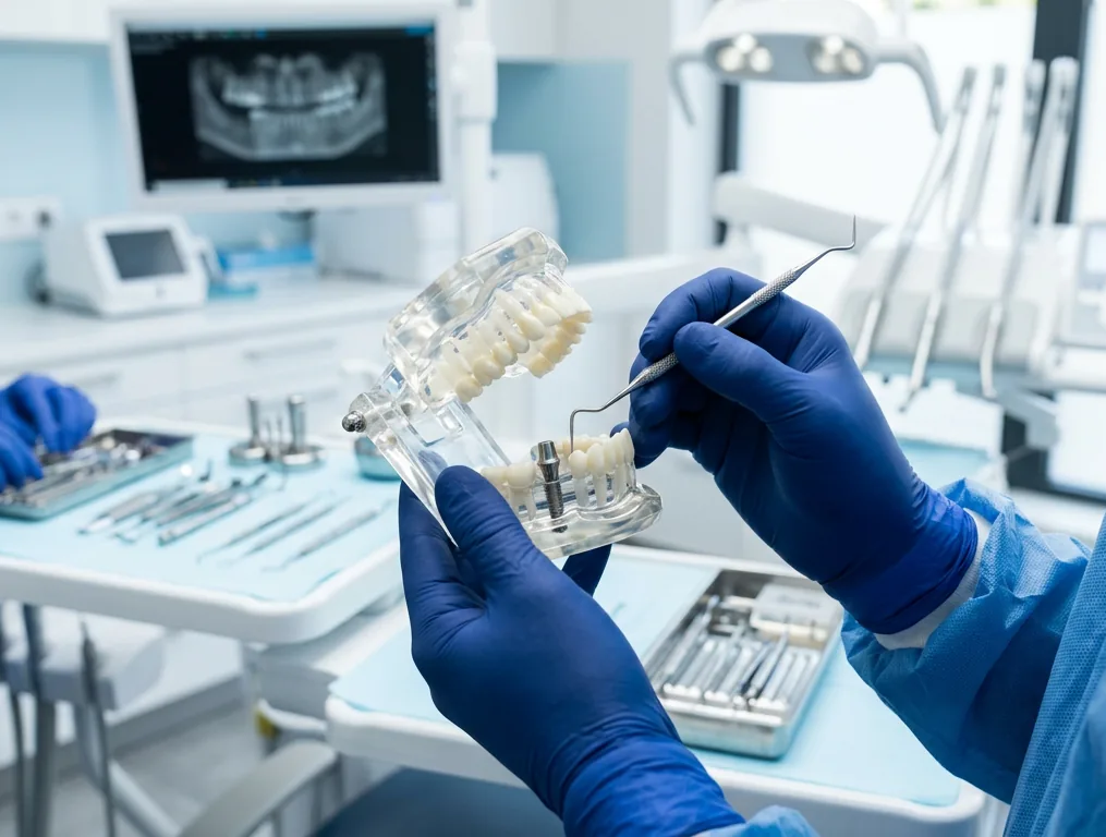 Dentist working on a dental model with a probe during a procedure