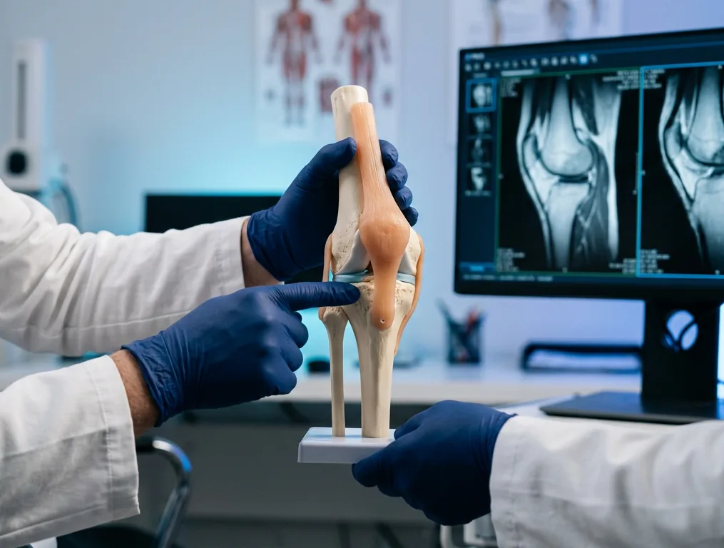 Specialists examining a knee joint model next to MRI scans on a screen