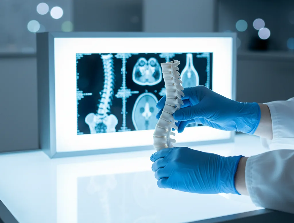 Surgeon pointing at a spine model next to diagnostic images on a screen