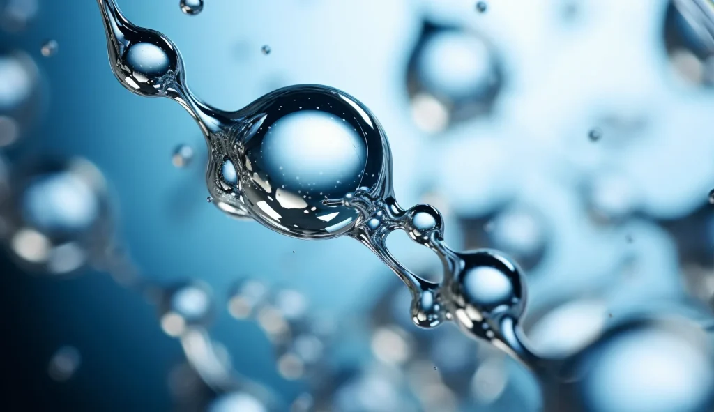 Chain of liquid bubbles merging against a blue background