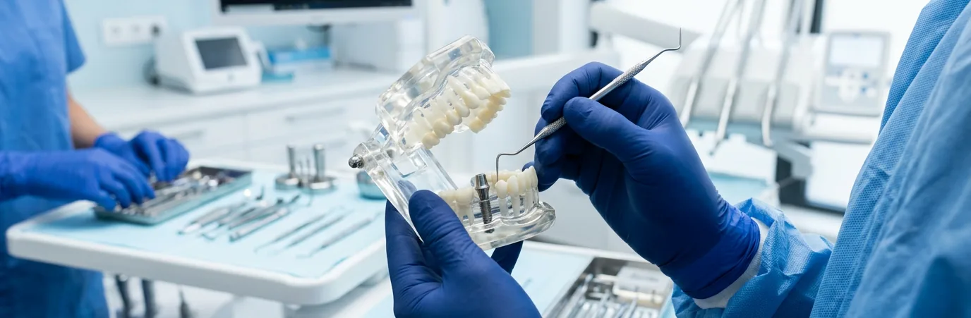Dentist working on a dental model with a probe during a procedure