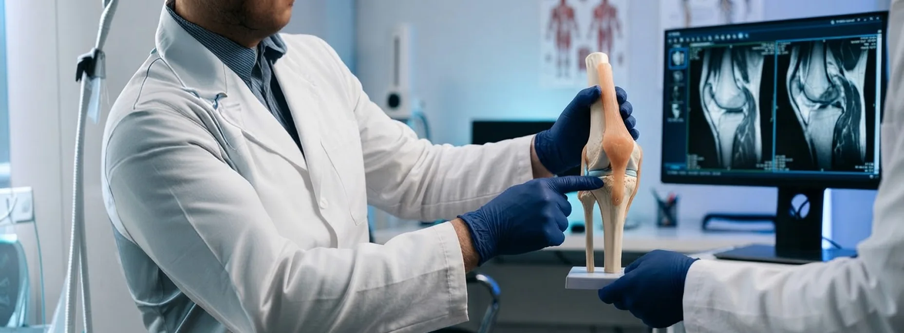 Specialist explaining a knee joint model during an orthopedic consultation