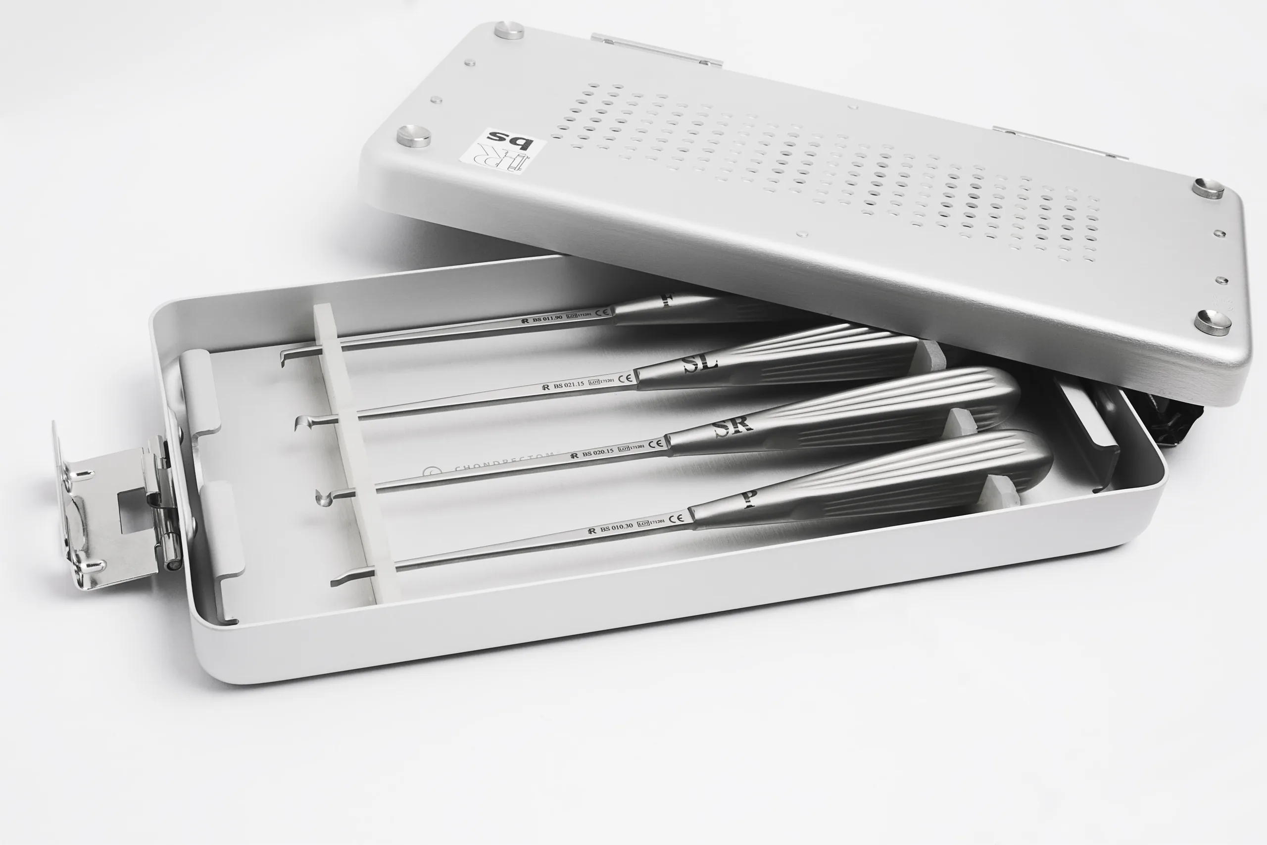 Chondrectom instruments in a sterilisation tray