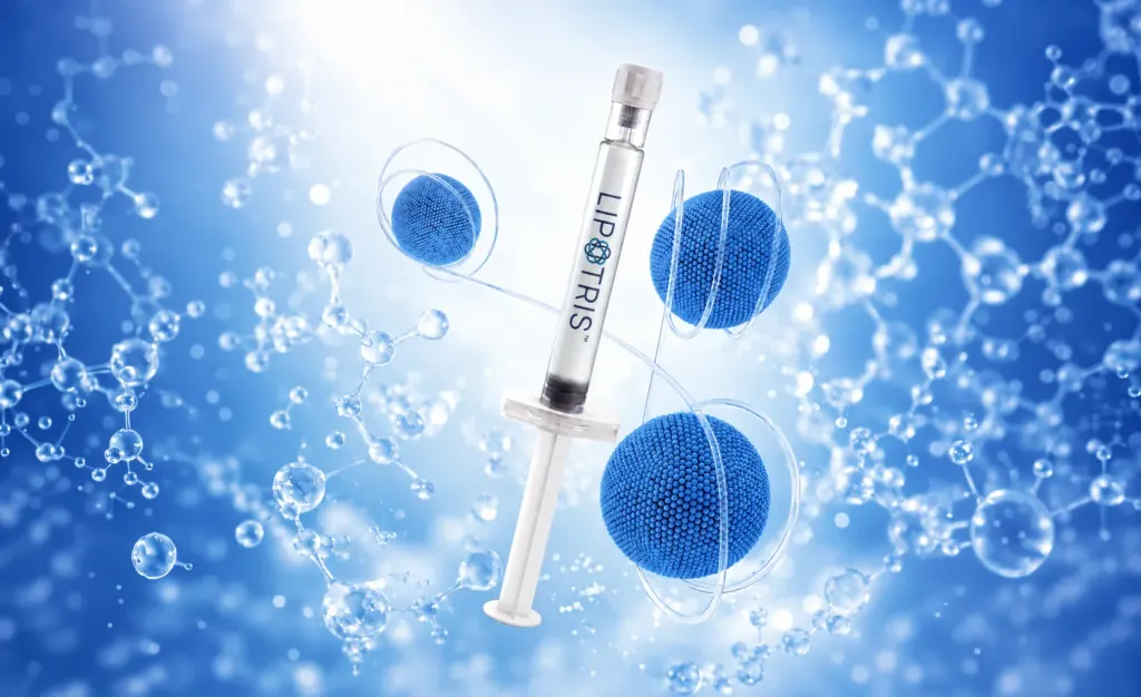 Lipotris pre-filled syringe among liposomes and bubbles