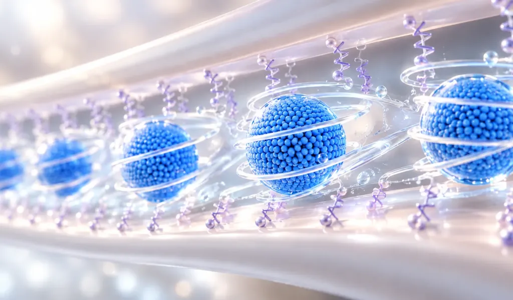 Chains of blue liposome spheres