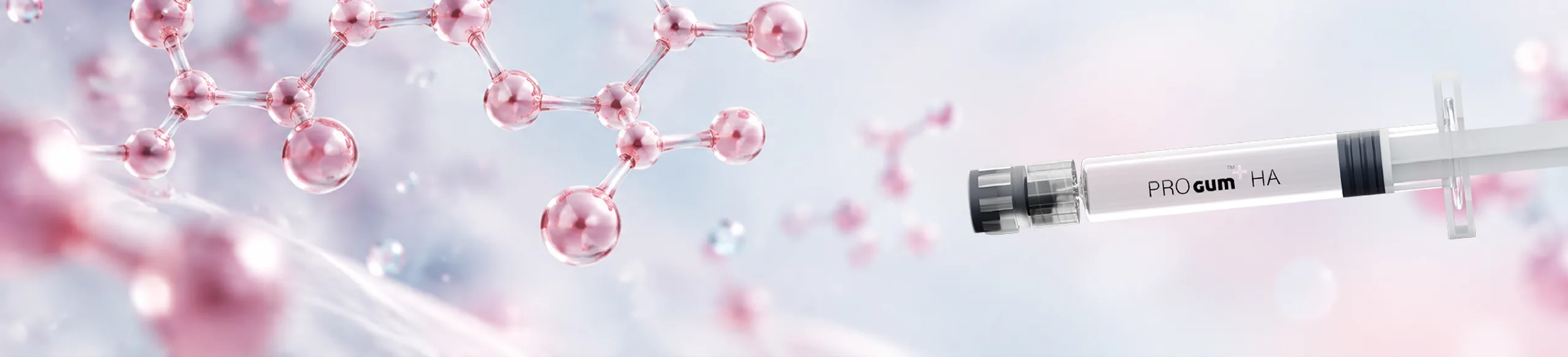 Progum HA pre-filled syringe among pink hyaluronic acid molecules
