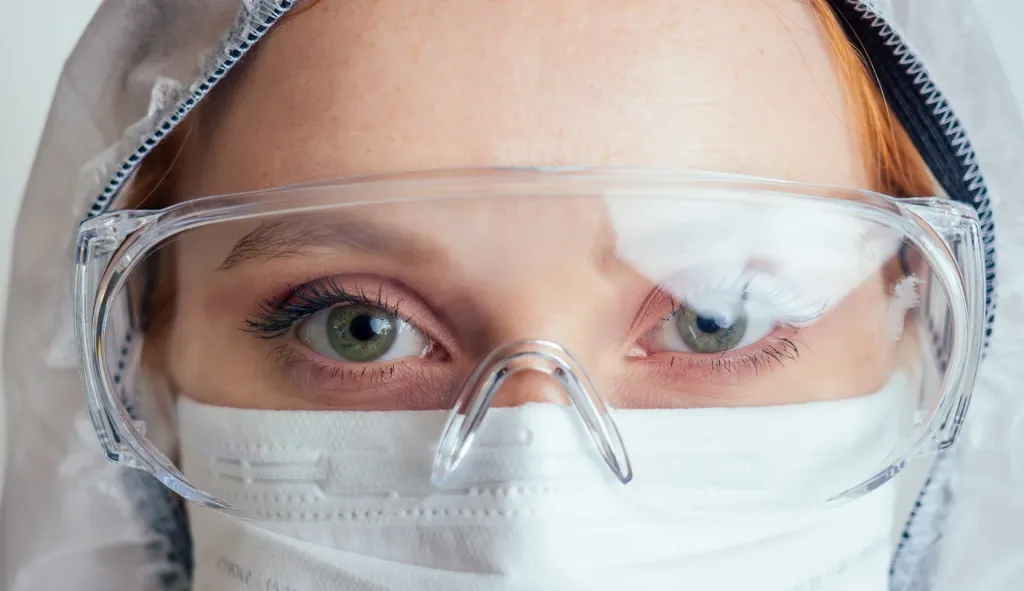 Scientist in protective glasses and a face mask