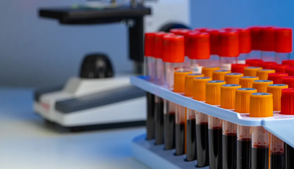 Blood sample tubes in a rack next to a microscope