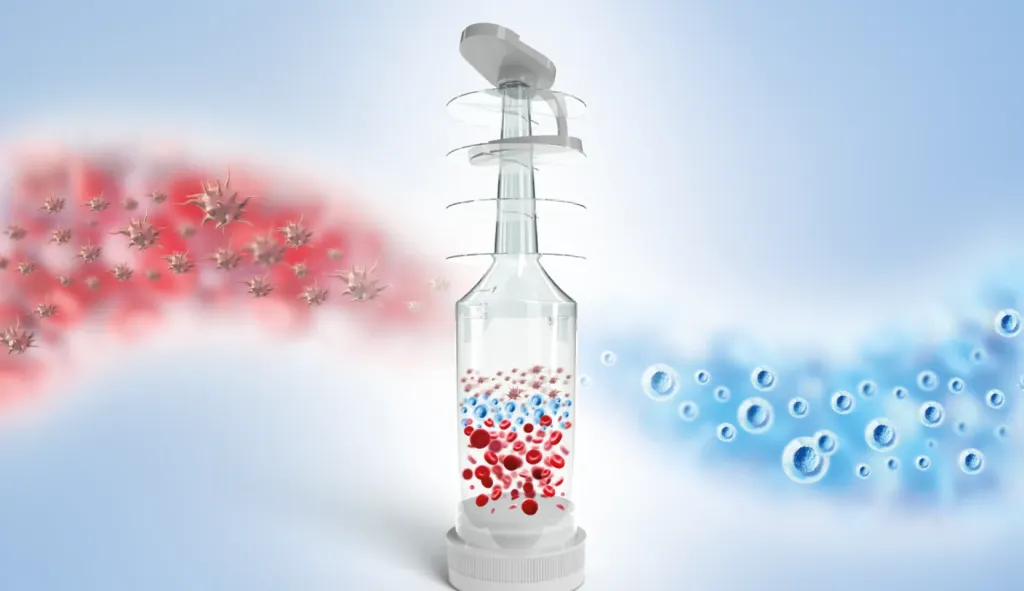 Xerthra BMAC device between streams of red and blue cells