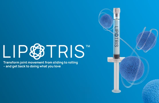 Lipotris key visual: a prefilled syringe on a blue background with the claim Transform joint movement from sliding to rolling