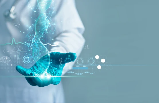 An open hand of a specialist with a glowing molecular projection above it