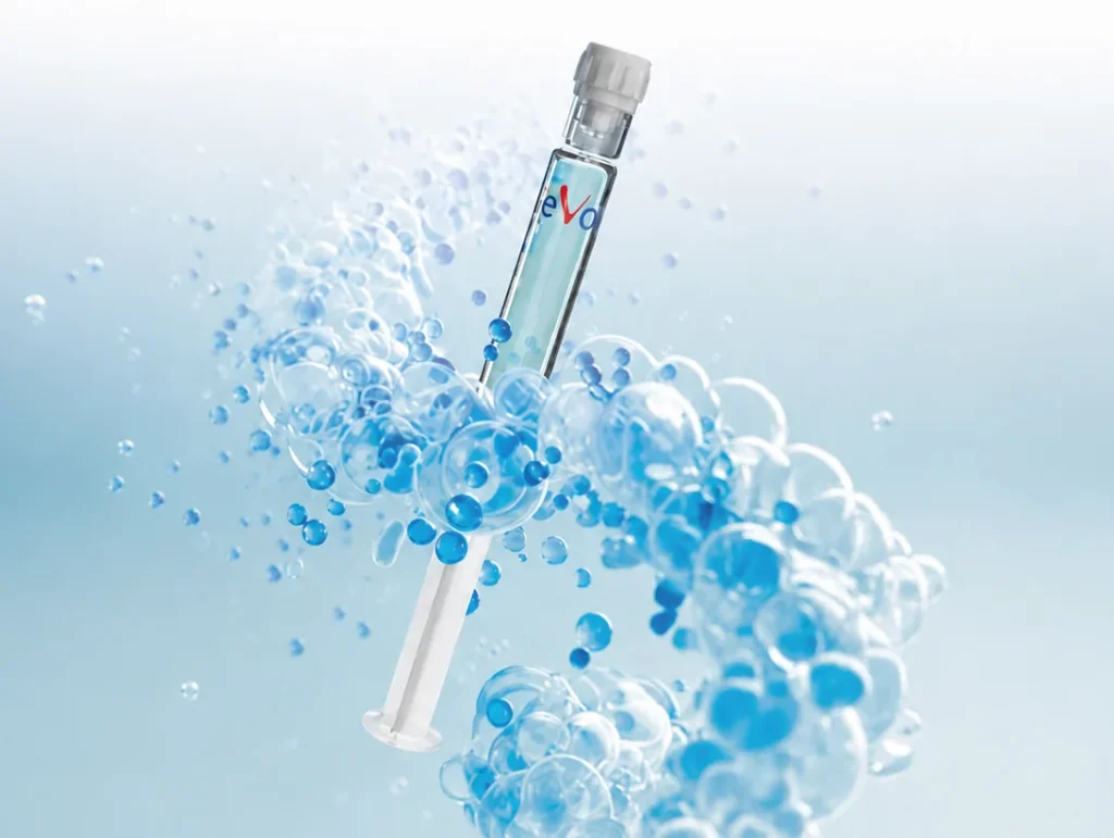 Biolevox HA syringe surrounded by hyaluronic acid bubbles